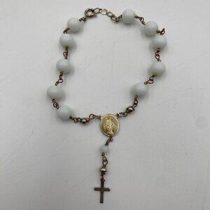 Rosary White Beaded Bracelet Prayer Beads Catholic 8" Long Religious